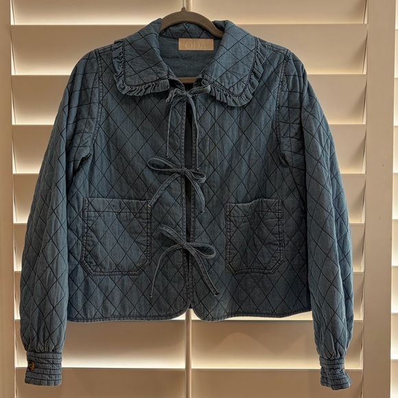 ODA Proyecto Rufina EUC Ruffle Collar Quilted Barn Jacket Denim Chambray M L - Picture 2 of 11